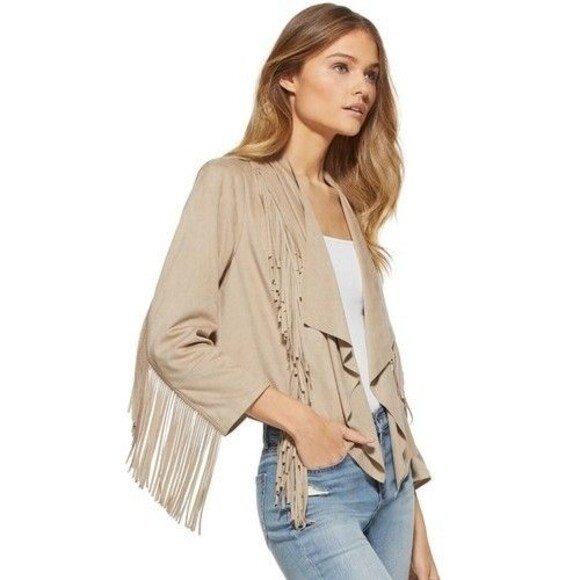 COLLEEN LOPEZ Faux Suede Fringe Open Jacket 1X Drape 3/4 Sleeve Tan Western - Picture 1 of 10